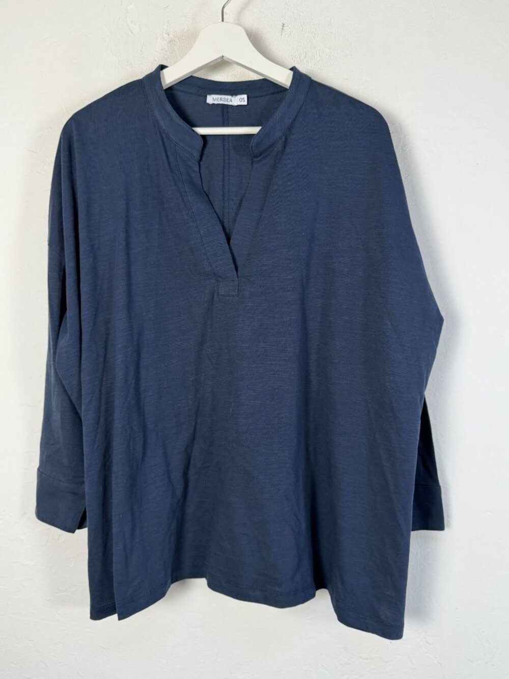 Mersea Womens Navy Blue Slub Cotton Notch V-Neck Oversized Top OS Long Sleeve